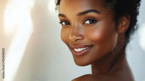 Radiant African American woman exudes joy, embodying confidence and warmth in a serene moment.