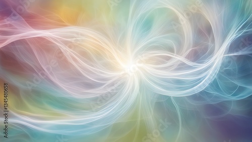 Abstract image depicting a mesmerizing flow pastel-colored light energy, creating a serene ethereal atmosphere.
