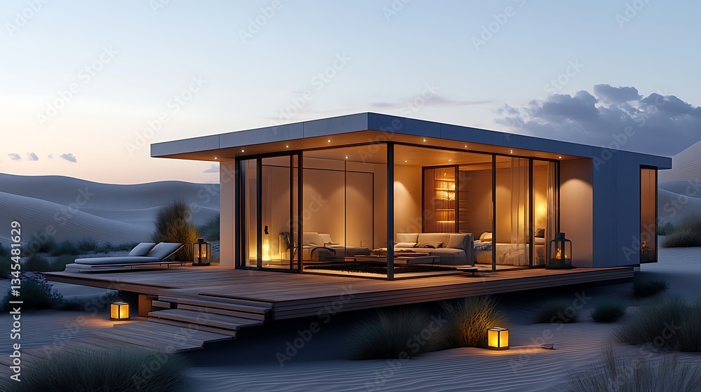 A futuristic container home blending into the desert landscape, with an extended wooden terrace, a glass-walled living area, and soft lantern lights illuminating the exterior at dusk. A futuristic container home blending into the desert landscape, with an extended wooden terrace, a glass-walled living area, and soft lantern lights illuminating the exterior at dusk.