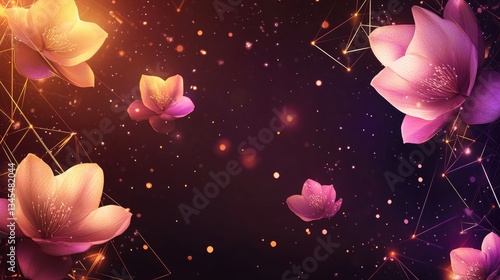 Beautiful abstract floral illustration featuring pink and purple lotus flowers against a dark background with glowing particle effects