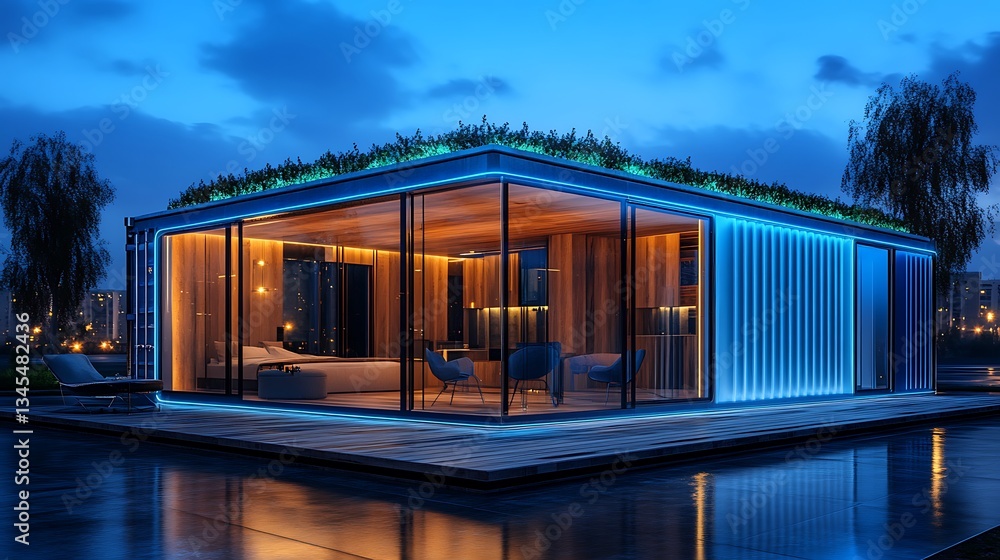 A futuristic luxury container home with a fully automated smart-home system, a rooftop solar garden, a wooden terrace featuring elegant outdoor lighting, A futuristic luxury container home with a fully automated smart-home system, a rooftop solar garden, a wooden terrace featuring elegant outdoor lighting,