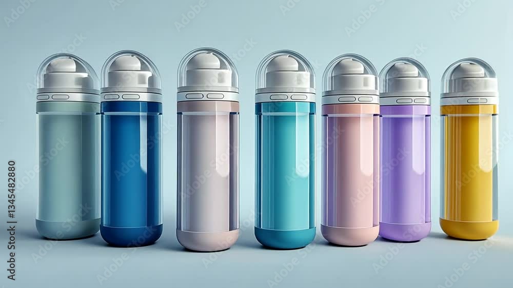 Modern Water Bottles in Pastel Colors: Sustainable Hydration on a Light Blue Background Modern Water Bottles in Pastel Colors: Sustainable Hydration on a Light Blue Background