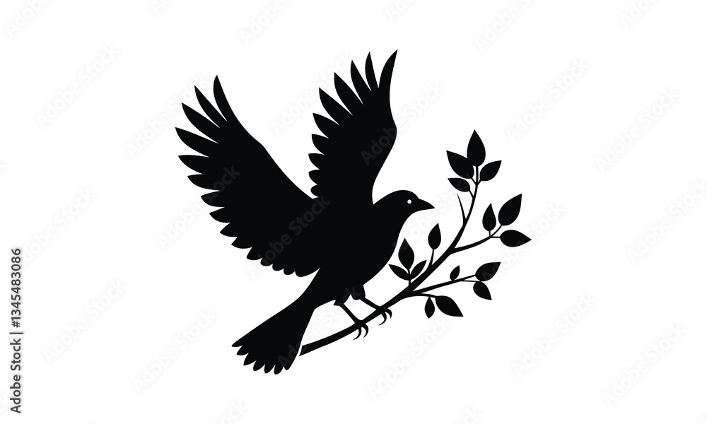 Fototapeta premium Crow Branch Leaves Black Silhouette