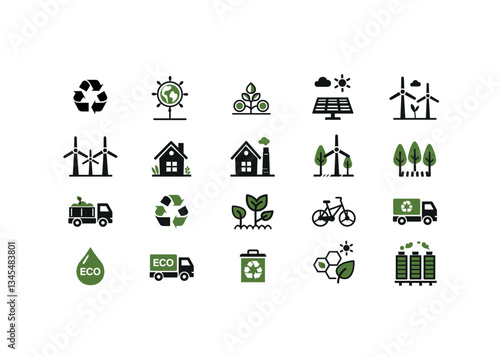 Minimalist Eco & Renewable Energy Icons – Sustainability, Recycling, Green Technology, and Environmental Protection Vector Set, Eco & Renewable Energy Icons
