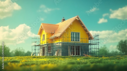Yellow House Under Construction with Scaffolding and Tools in Field