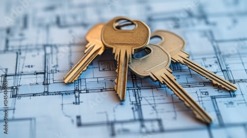 Close-Up of Several Keys Resting on Top of Blueprint Details