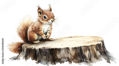 Cute squirrel on tree stump, watercolor illustration, nature scene, children's book