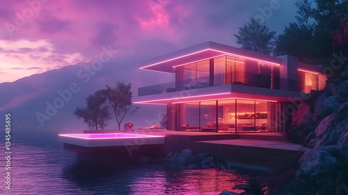 A modern AI-driven container home with a futuristic aesthetic, featuring a smart-glass balcony, holographic projections, and an eco-friendly wooden deck.