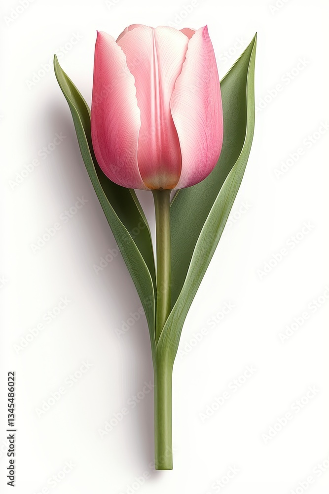Naklejka premium Single Pink and White Tulip with Green Leaves on White Background