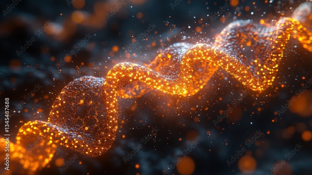 Glowing Orange DNA Helix Structure Against Dark Background with Light Particles Glowing Orange DNA Helix Structure Against Dark Background with Light Particles
