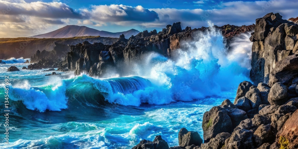 Naklejka premium Black volcanic sands meet powerful ocean waves on Lanzarote's dramatic coast.