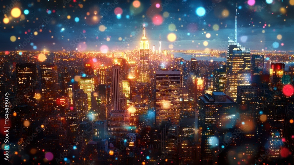 Vibrant Night Cityscape with Sparkling Lights and Colorful Bokeh in Urban Skyline Vibrant Night Cityscape with Sparkling Lights and Colorful Bokeh in Urban Skyline