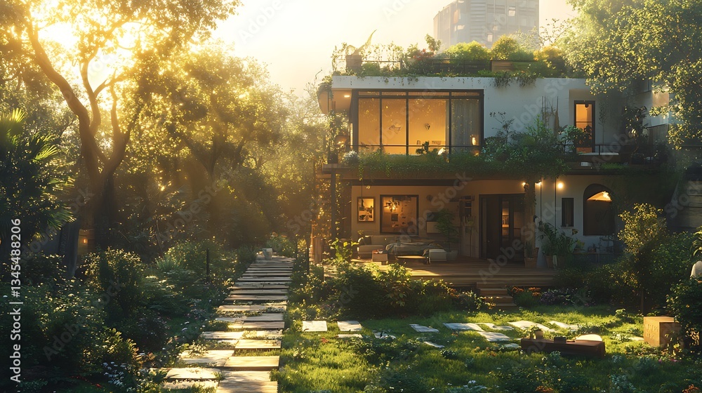 Obraz premium A peaceful modern container house, featuring a rooftop garden, a bright and airy balcony, and a beautifully maintained green yard. The golden daylight creates a warm and inviting feel, ultra-detailed,