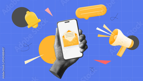 halftone collage, Digital communication concept with hand holding smartphone, email, notifications, and marketing icons