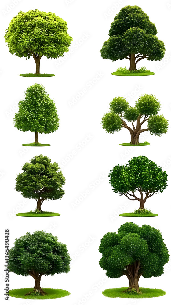 Fototapeta premium Realistic Illustration of Green Trees Collection in Transparent Backgrounds Representing Nature and Forest with Diverse Foliage Including Different Shape Tree Cliparts with Plant Design