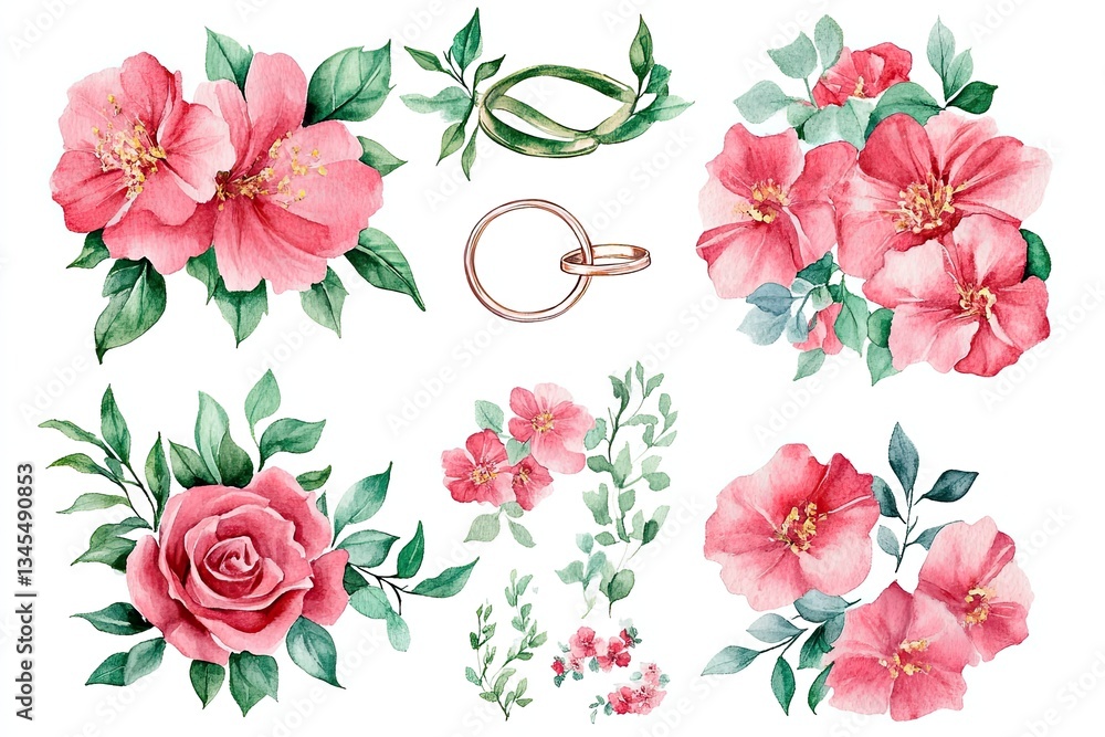custom made wallpaper toronto digitalSet of watercolor romantic wedding florals and rings hand drawn on white background