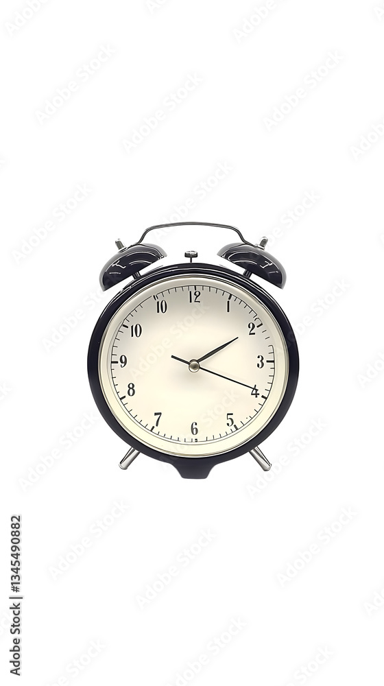 Realistic Isolated Analog Alarm Clock with Black Metal Casing on Transparent Background Featuring White Clock Face Hands and Numbers Showing the Passage of Time