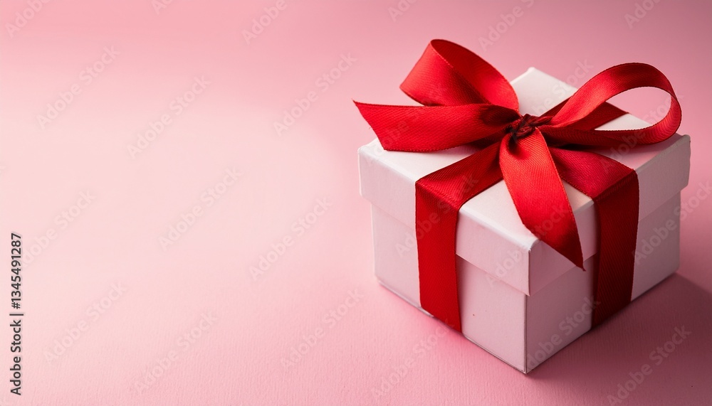 Fototapeta premium white gift box with red ribbon on pink background