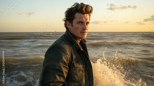 Man standing in ocean waves at sunset.