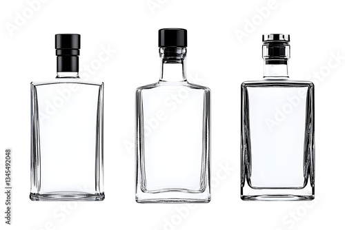 Realistic Image of Three Transparent Glass Alcohol Bottles Isolated on Transparent Background For Mockup Drink Product Design and Spirits Brand Presentation with Empty Clear Glass Square Bottles