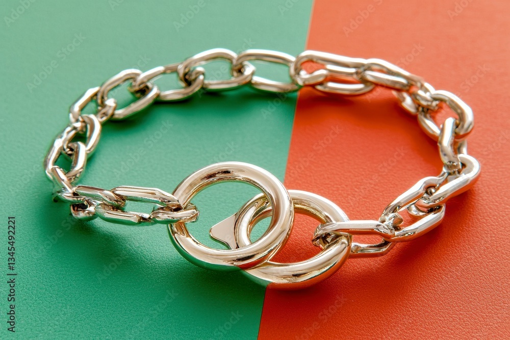 Fototapeta premium Silver Chain Bracelet with Double Ring Clasp on Green and Red Background