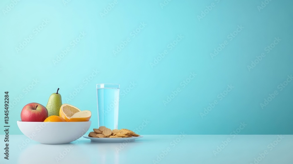 Healthy Fruits, Vegetables, and Water on a Table Healthy Fruits, Vegetables, and Water on a Table