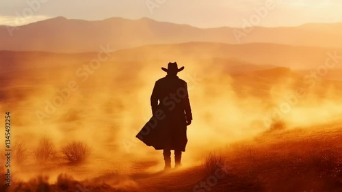 Cowboy Walking Through a Dusty Desert at Sunset Perfect for Western Theme