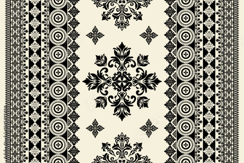 Seamless black floral damask shape with geometric ethnic tradition pattern texture on pastel yellow background