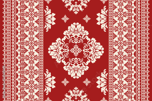 Seamless white floral damask shape with geometric ethnic tradition pattern texture on red background