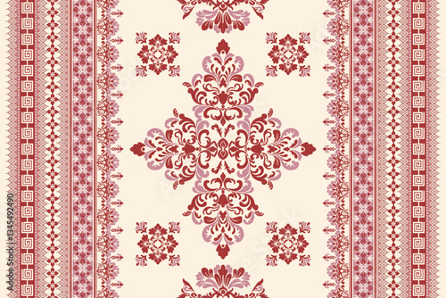 Seamless red and pink floral damask shape with geometric ethnic tradition pattern texture on pastel yellow and white background