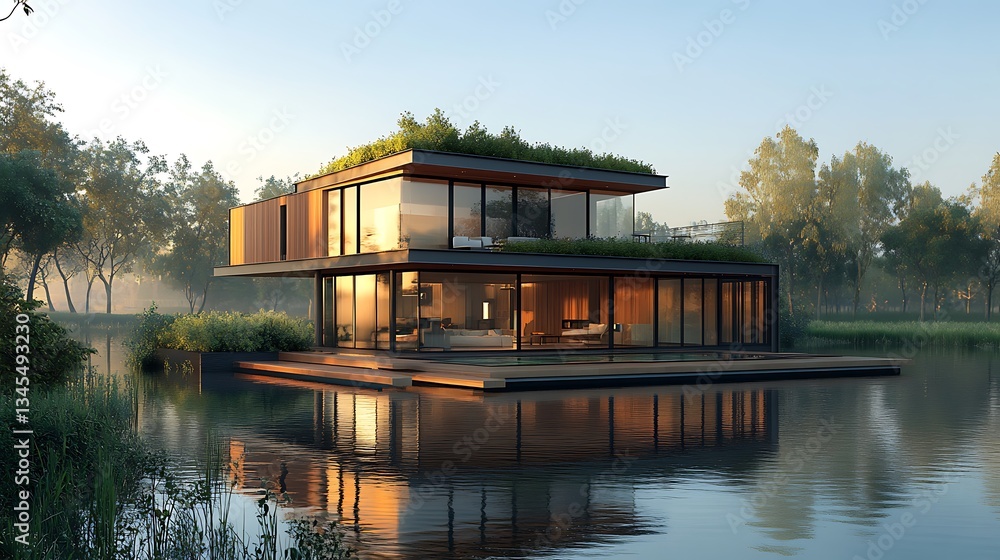 Obraz premium A stylish two-story container house designed as an urban sanctuary, featuring a minimalist aesthetic, a green rooftop, and a wooden deck leading to a reflecting pool.