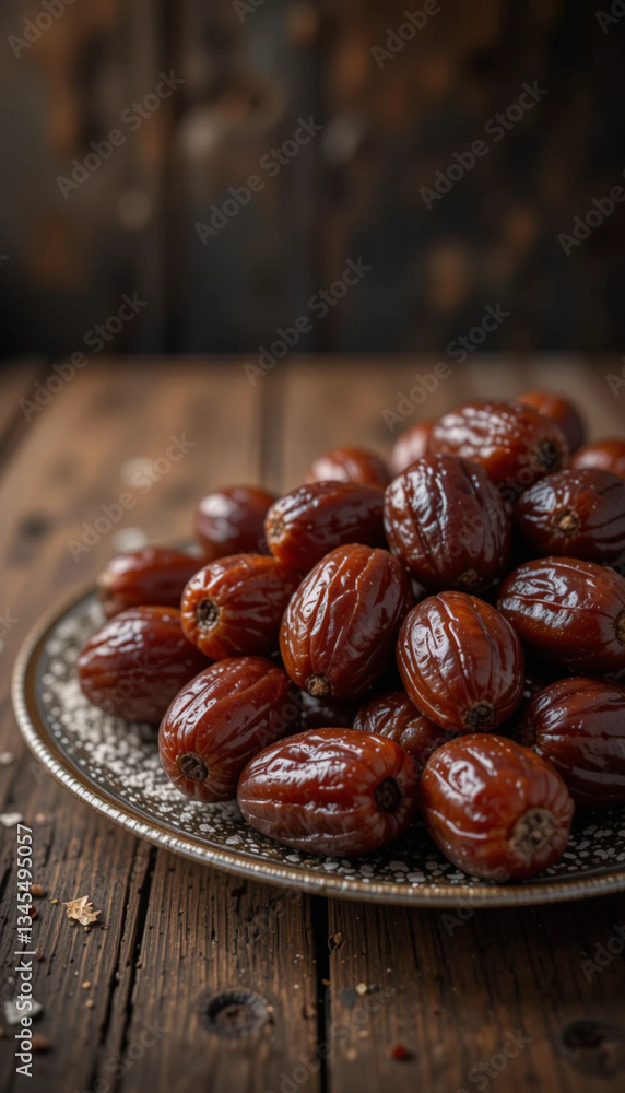 plate filled with assorted fresh dates, elegantly arranged on a rustic wooden table plate filled with assorted fresh dates, elegantly arranged on a rustic wooden table