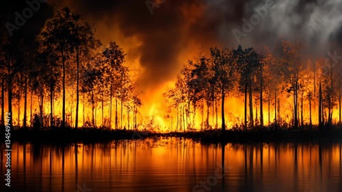 forest engulfed in intense orange flames, symbolic representation of destruction and resilience, dramatic atmospheric theme