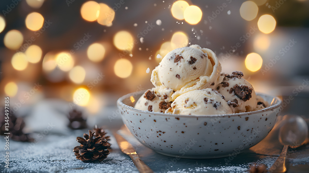 Obraz premium Festive Dessert Delight with Cookies and Cream Ice Cream Surrounded by Bokeh Lights