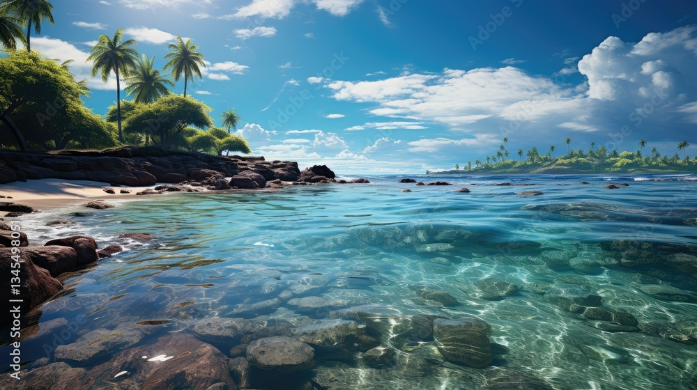 Fototapeta premium Turquoise Ocean Waters at Tropical Beach with Palm Trees and Blue Sky