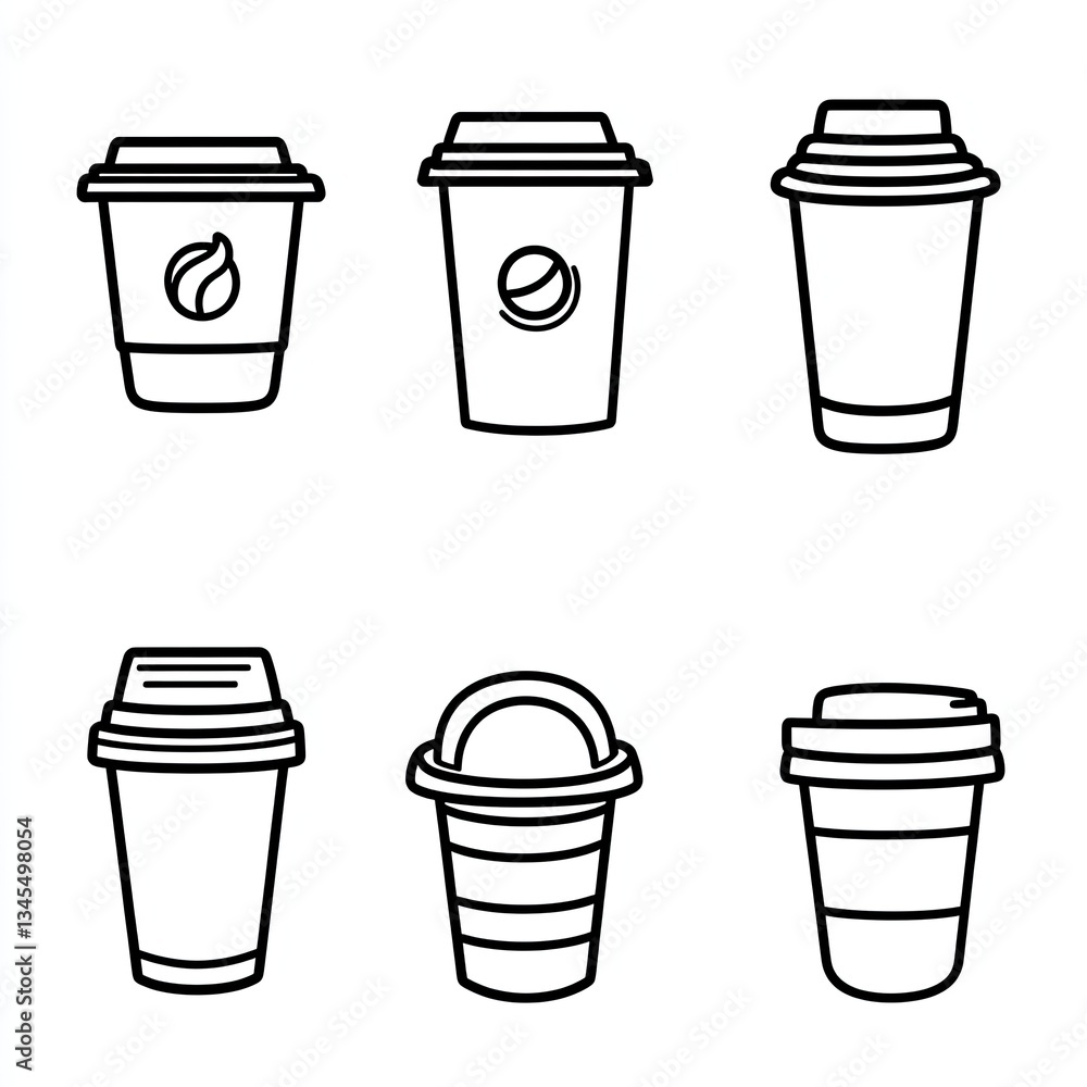 Six line art illustrations of various coffee cups. Six line art illustrations of various coffee cups.