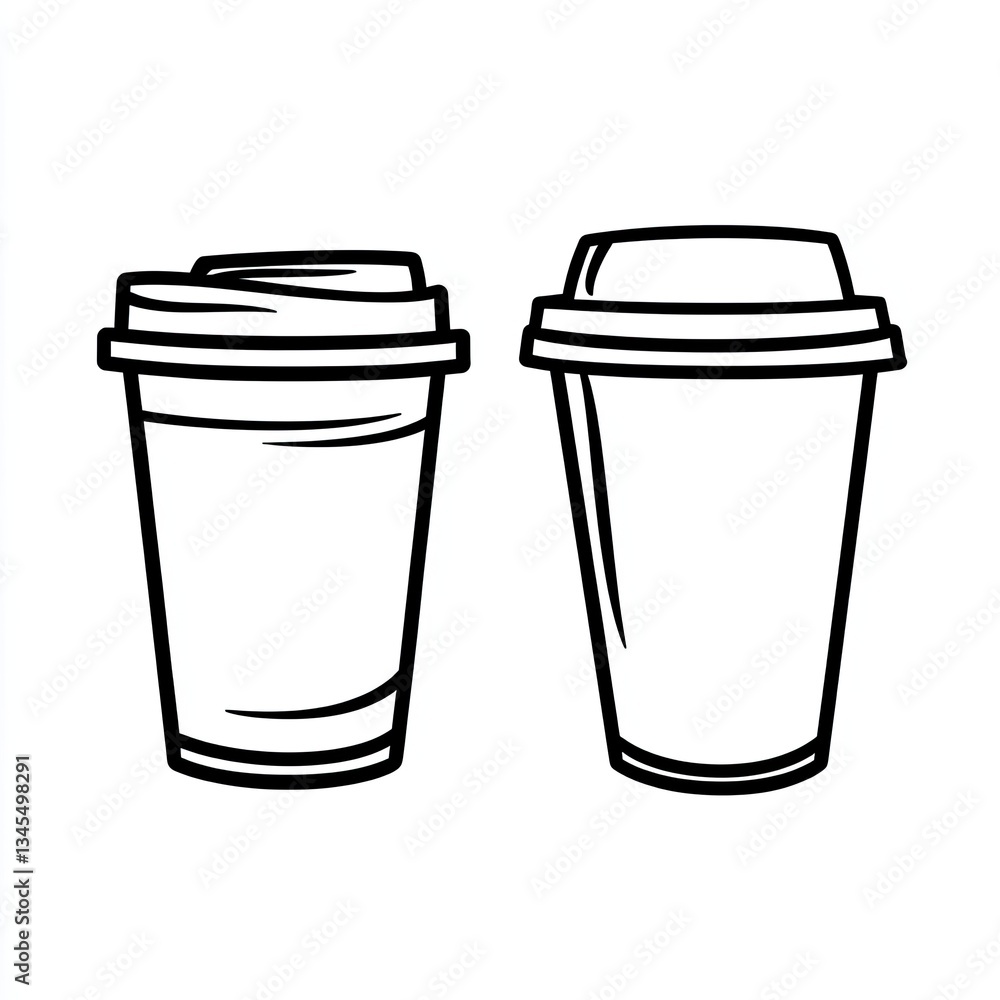 Two disposable coffee cups, one with a dome lid and one with a flat lid, line art illustration. Two disposable coffee cups, one with a dome lid and one with a flat lid, line art illustration.