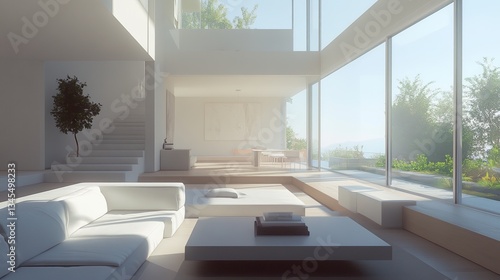 Minimalist living room with clean design and soft light, embodying modern simplicity and elegance.