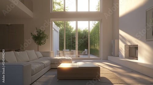 Minimalist living room with clean design and soft light, embodying modern simplicity and elegance.