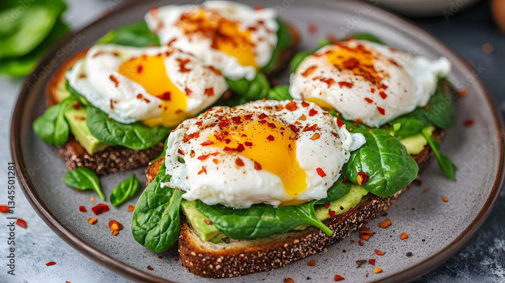 A spinach and avocado toast with poached eggs and chili flakes. A spinach and avocado toast with poached eggs and chili flakes.