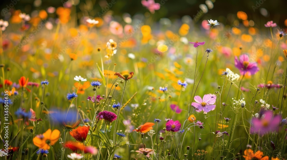 Fototapeta premium Wildflower Meadow Blooming in Summer Sunshine with Colorful Blossoms Landscape