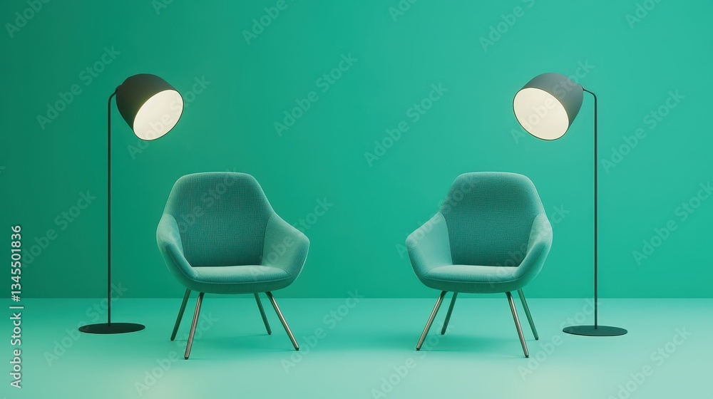 Obraz premium Cozy lounge area featuring two teal armchairs, minimalist design, soft lighting, perfect for relaxation or casual meetings