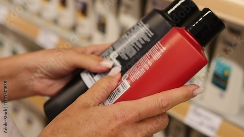 Consumer comparing shampoo bottles in store analyzing ingredients and reading label carefully Label reveals key info on shampoo content Clear label ensures informed product choice and safe use