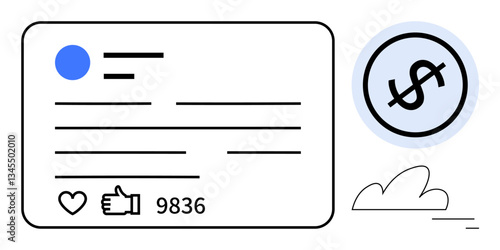 Social post layout with thumbs ups and engagement count beside a dollar sign. Ideal for social media strategy, influencer economy, digital marketing, online monetization, analytics, branding, flat