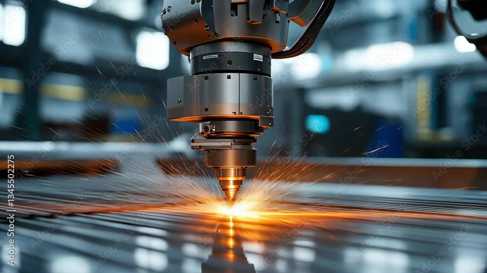 Close-up of a laser cutting machine working on metal, showcasing sparks and precision engineering in action. Close-up of a laser cutting machine working on metal, showcasing sparks and precision engineering in action.