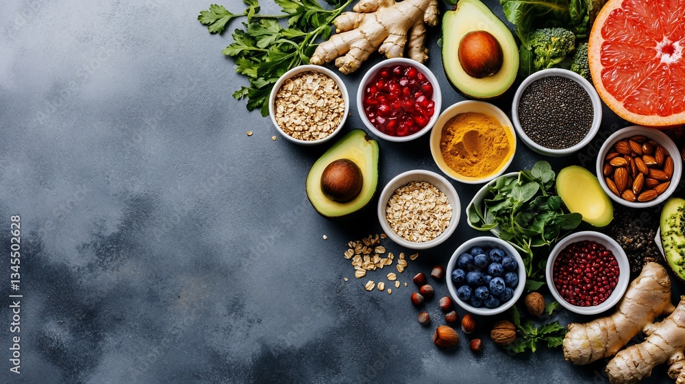 Healthy food ingredients arranged on dark background for recipe blog Healthy food ingredients arranged on dark background for recipe blog