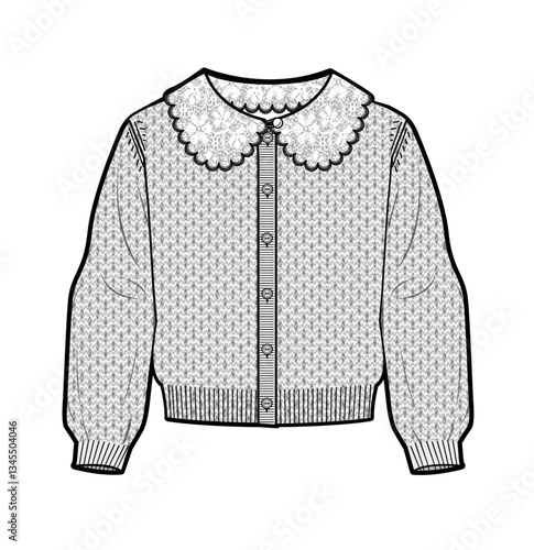 infant lace collar cardigan, production drawing, technical drawing / flat sketch /CAD / ADOBE Illustrator vector digital download