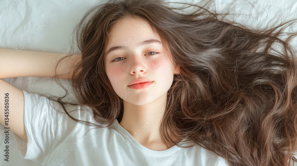 Serene Young Woman with Long Brown Hair Resting on White Bedding Serene Young Woman with Long Brown Hair Resting on White Bedding