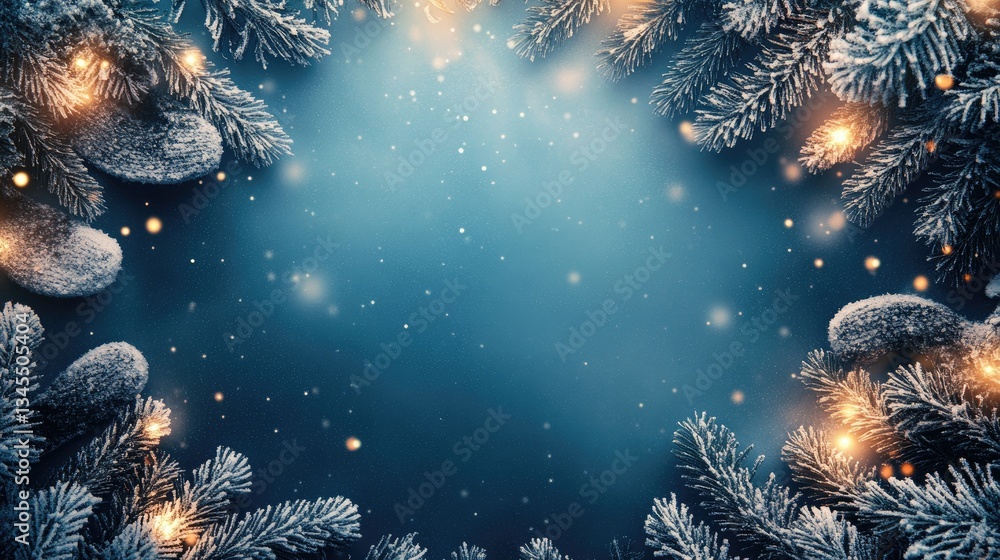 Winter Background with Snowy Pine Branches and Lights Winter Background with Snowy Pine Branches and Lights