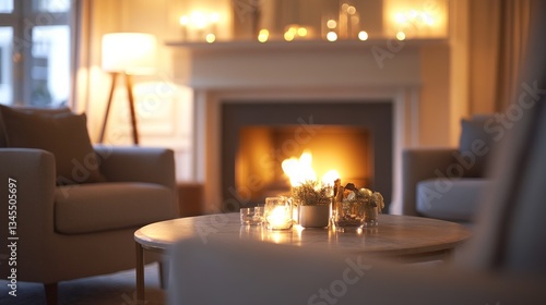 Cozy contemporary living room with comfortable seating and a fireplace, blending elegance and warmth.